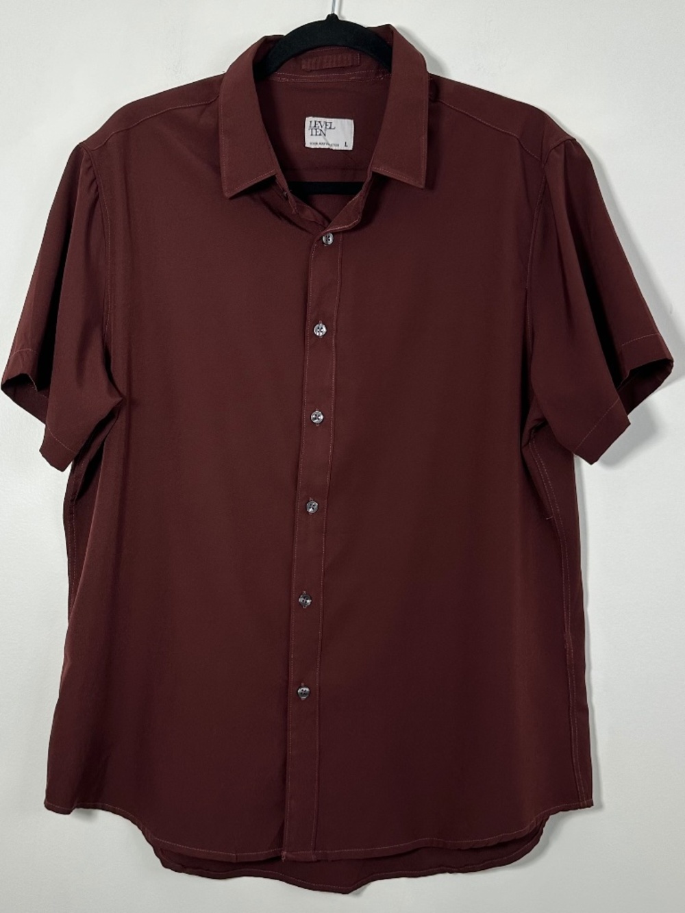 Level Ten Men’s Size Large Short Sleeve Burgundy Shirt 4-Way Stretch Casual